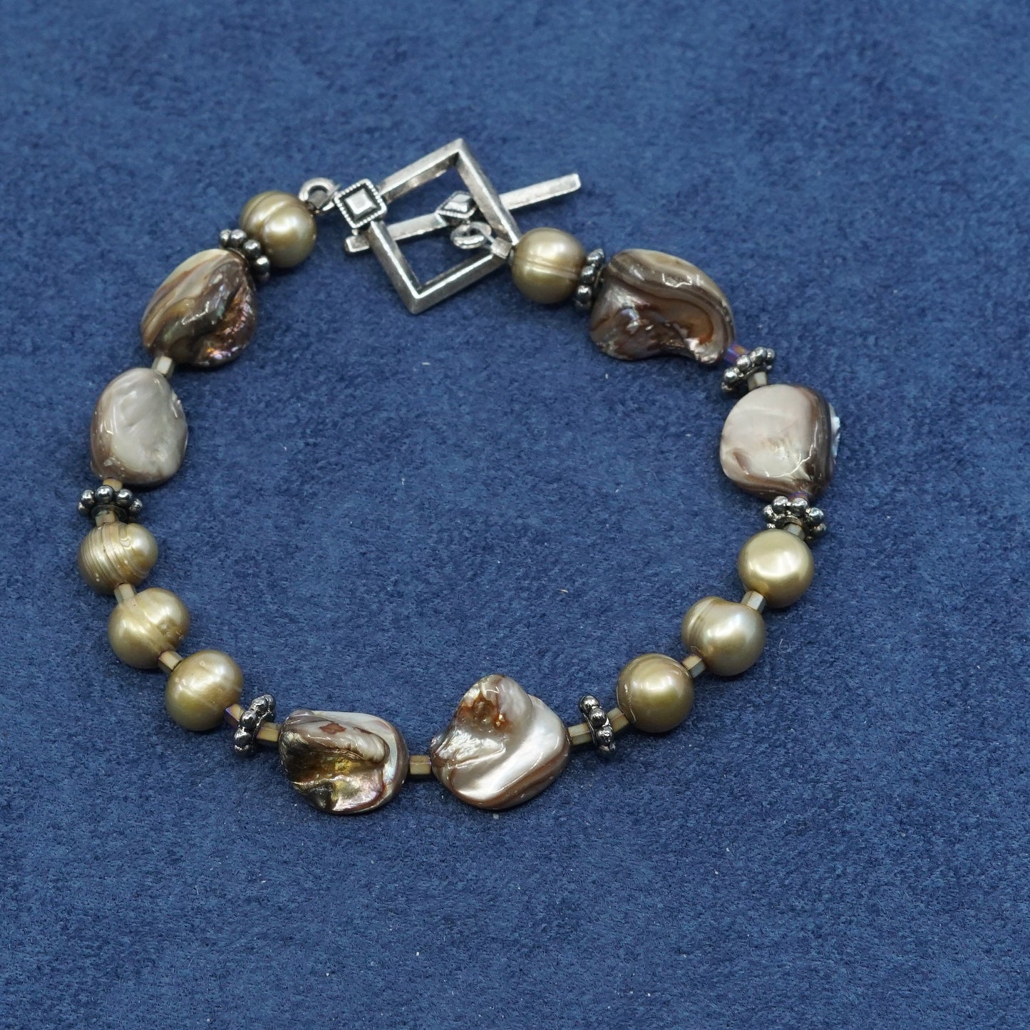 6.75", vtg sterling silver handmade bracelet, pearl beads N 925 toggle closure