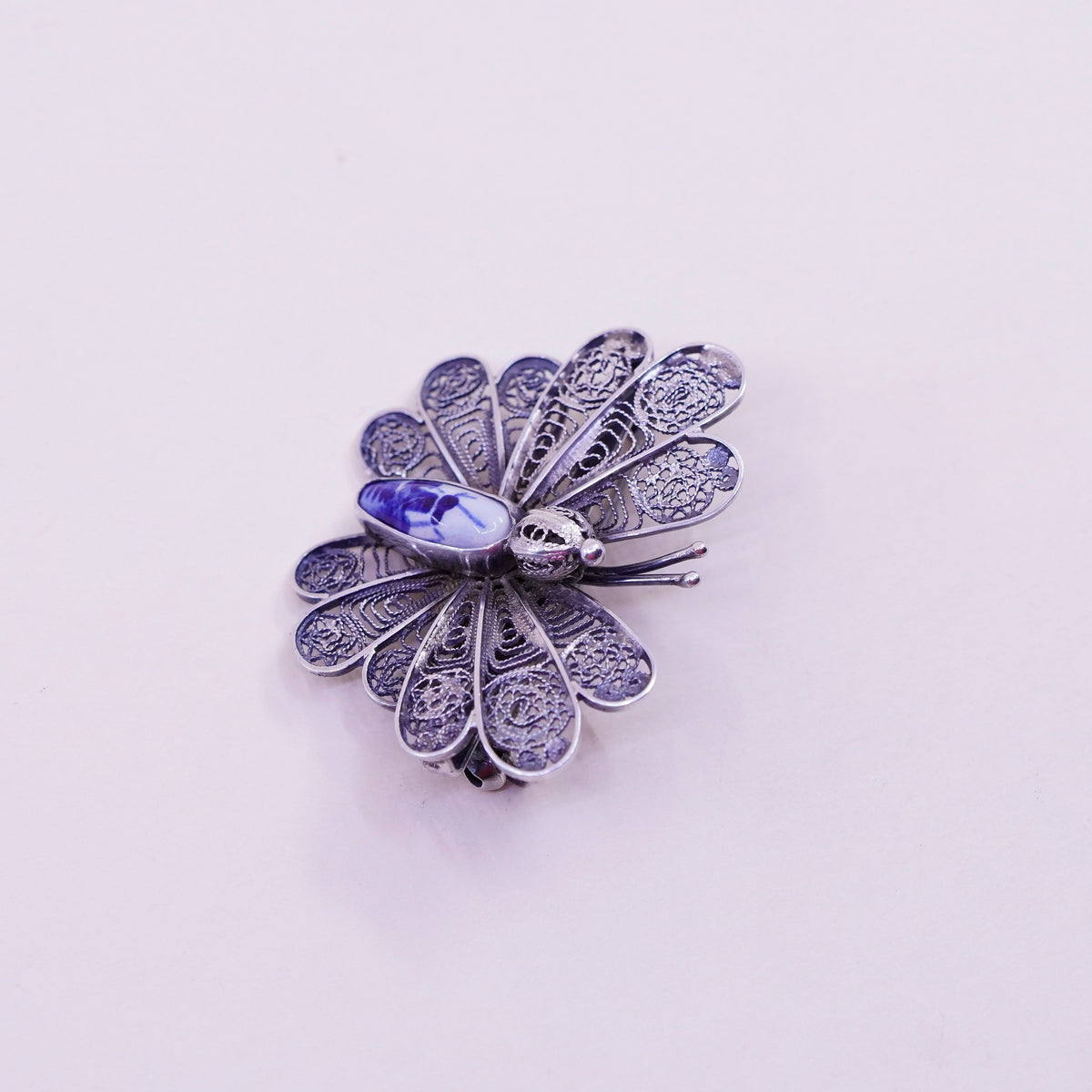Holland Delft Windmill .925 Sterling Silver filigree Bezel butterfly Pin Brooch
