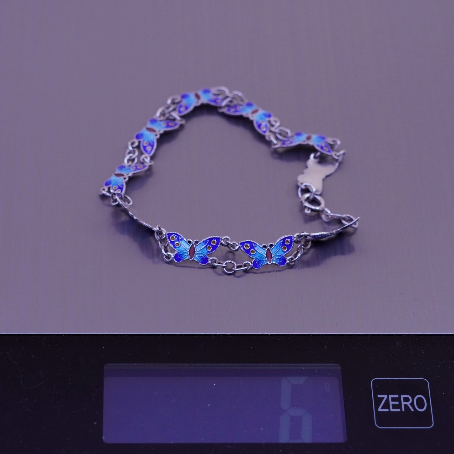7.75” mexico handmade sterling 925 silver tennis bracelet blue enamel butterfly