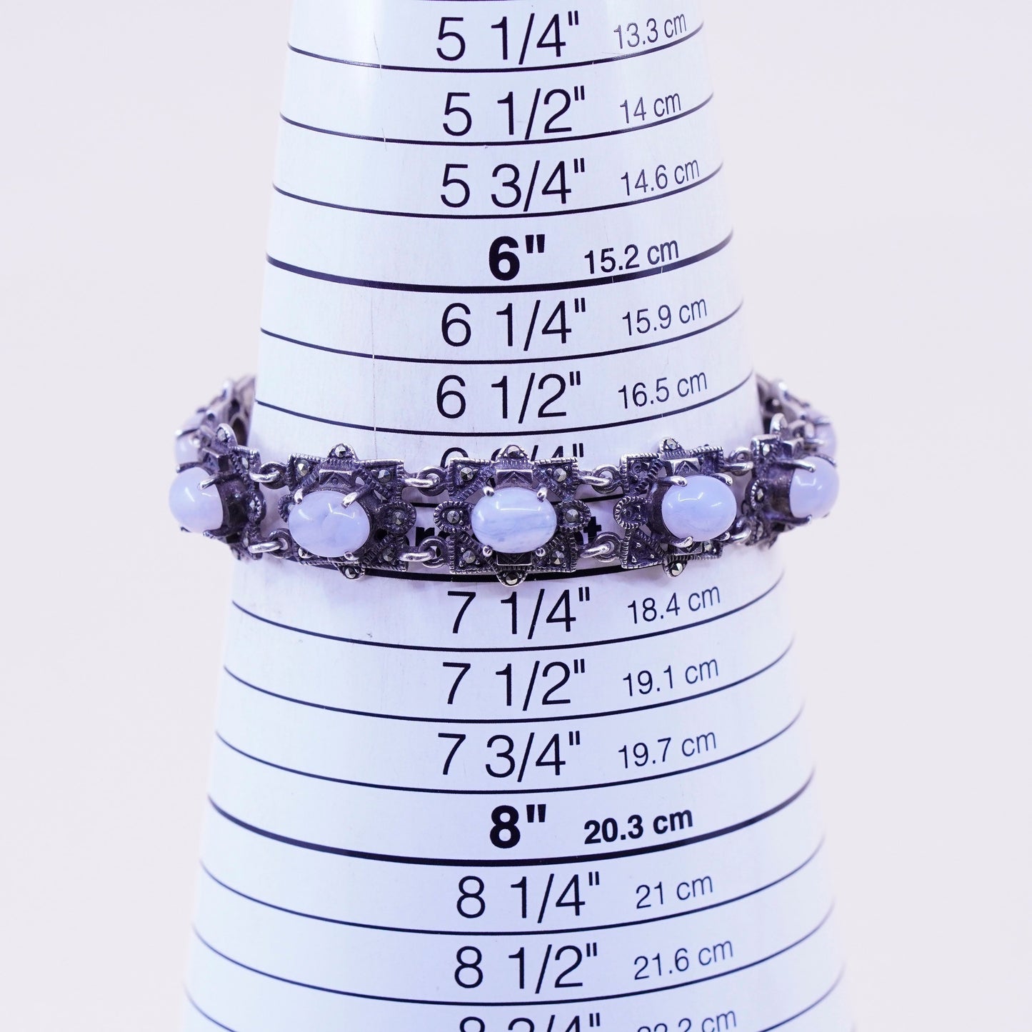 6.75”, Sterling 925 Silver Handmade tennis Bracelet with Marcasite lace agate