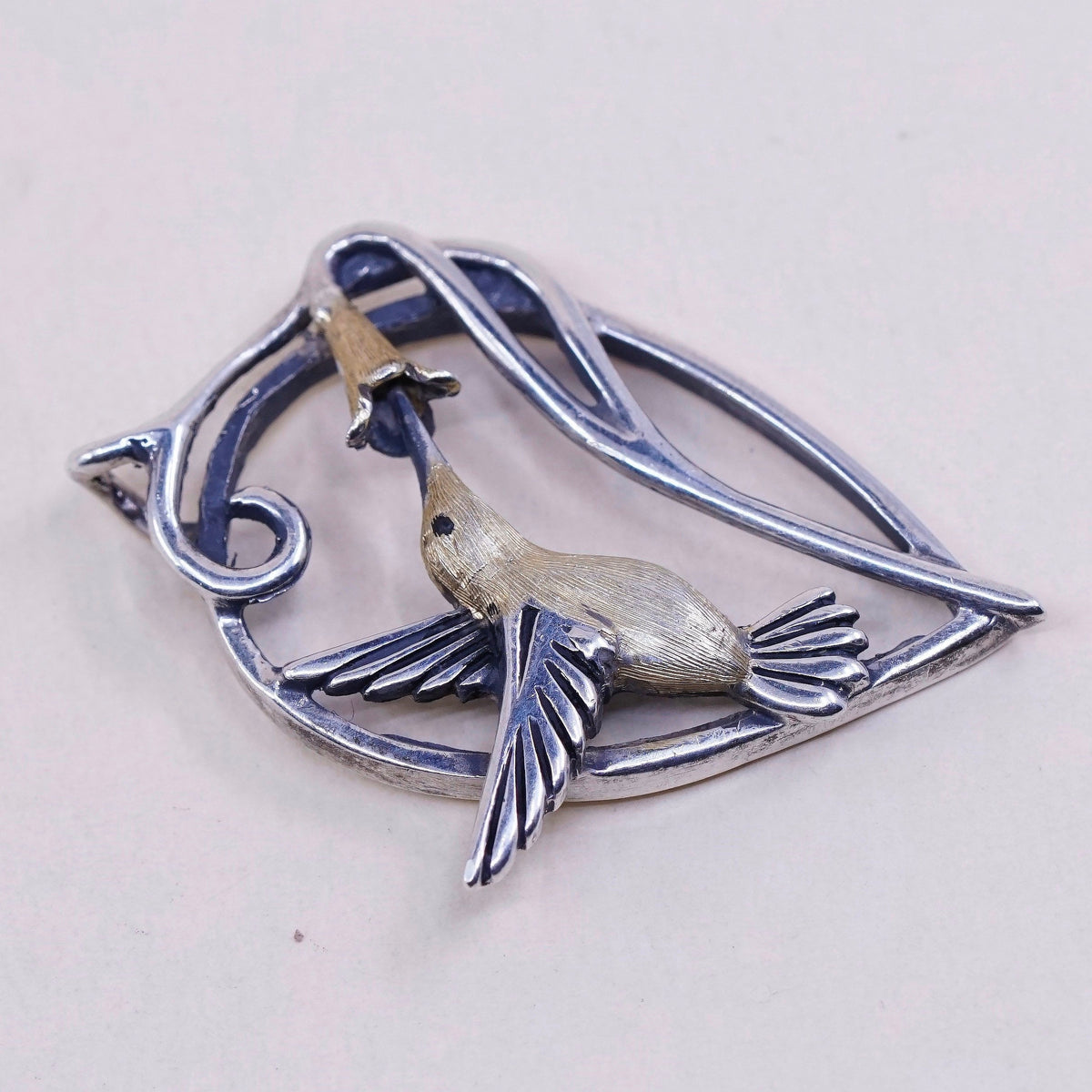vtg S Tusse Sterling 925 silver pendant, hummingbird with flower and enamel