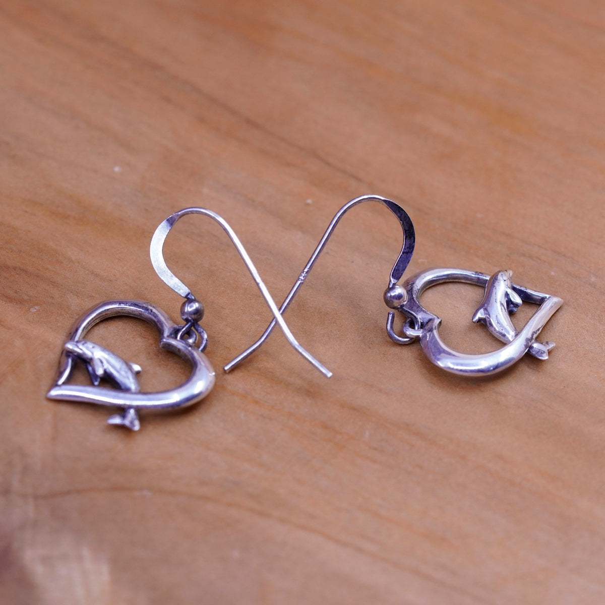 Vintage Sterling silver handmade earrings, 925 heart drops with dolphin