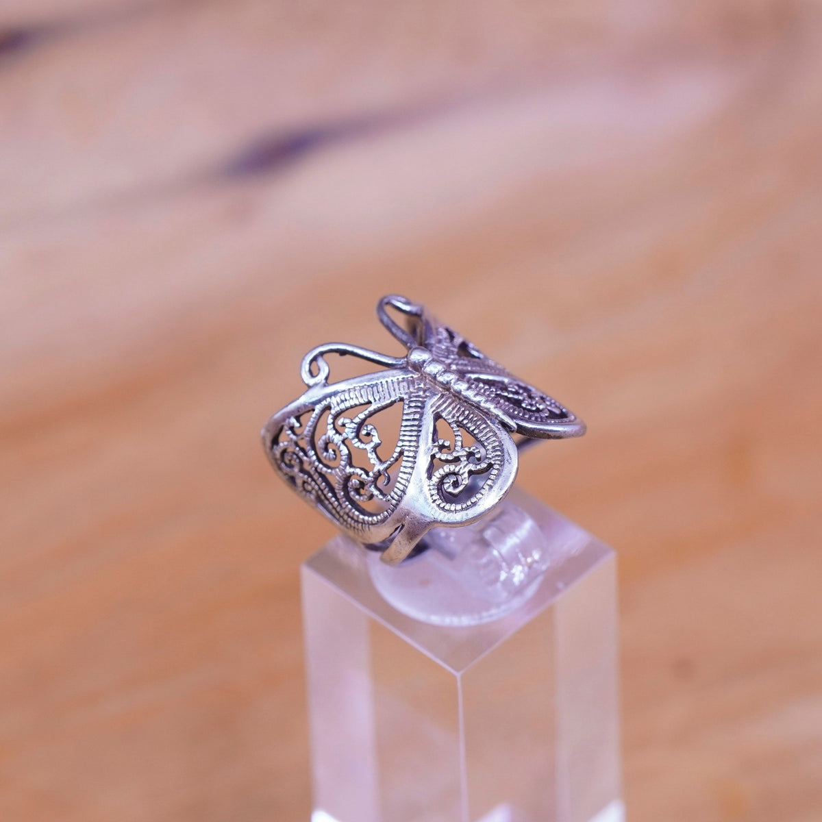 Size 6.5, Vintage Sterling silver handmade ring, 925 filigree butterfly band