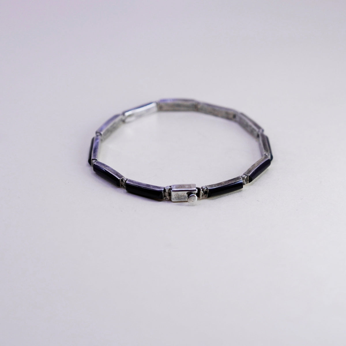 6.75”, Vintage mexico escocia Sterling 950 silver handmade bar bracelet onyx