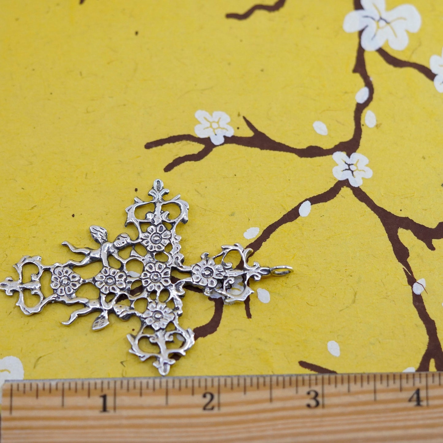 Vintage Sterling silver handmade pendant, 925 filigree cross with angel