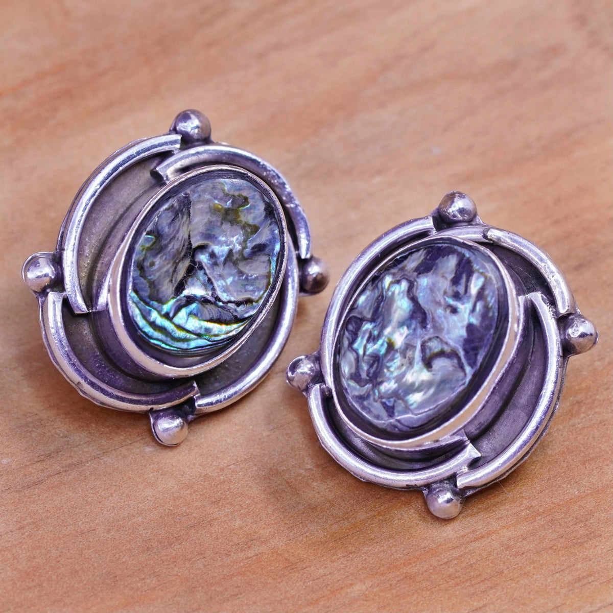 Vintage Sterling silver handmade earrings, Mexico 925 clip on with abalone