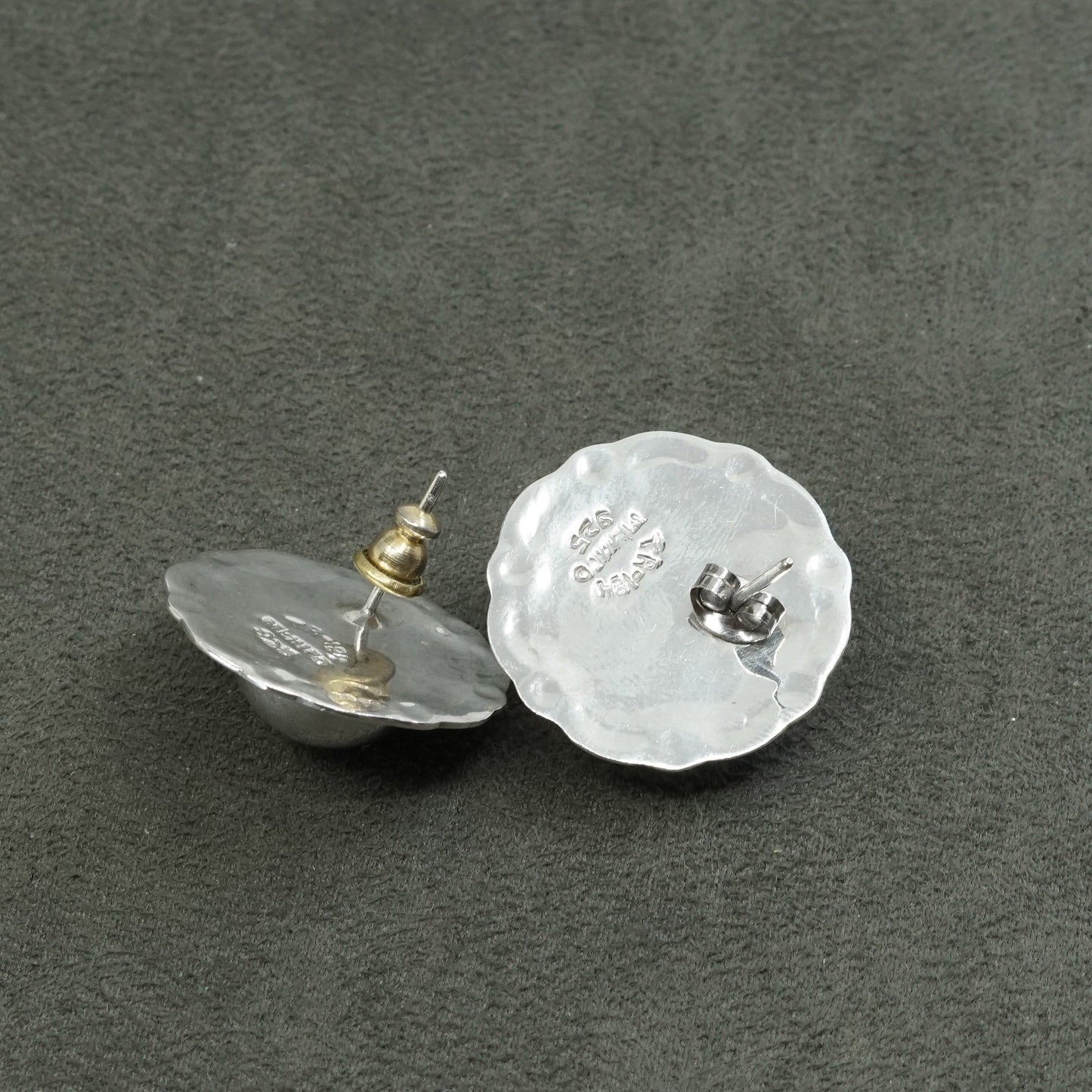 vtg Mexico Sterling silver handmade earrings, 925 flower studs w/ brass cable