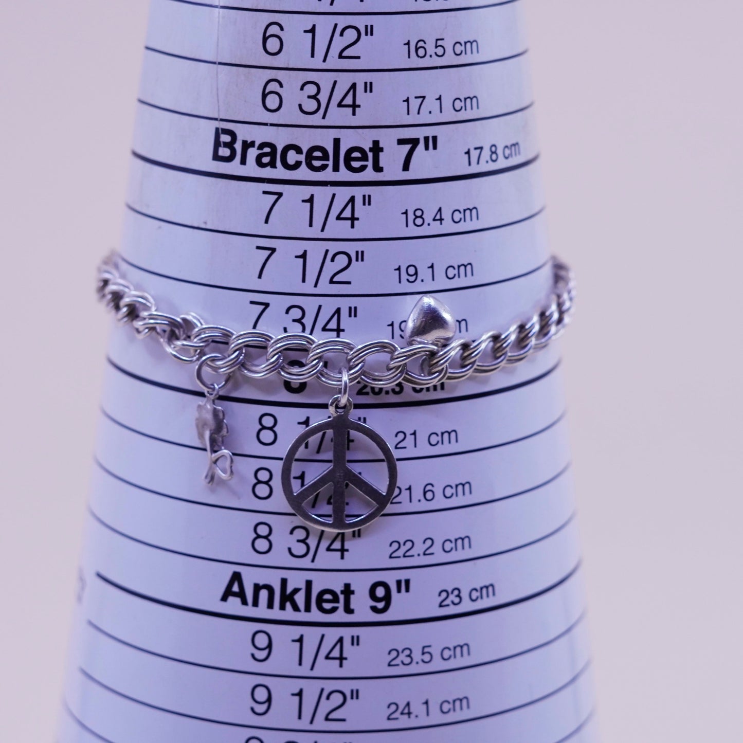 7+1”, sterling 925 silver double curb bracelet CND peace heart flower charms
