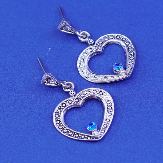 Vintage Sterling 925 silver handmade earrings with heart Dangle and marcasite
