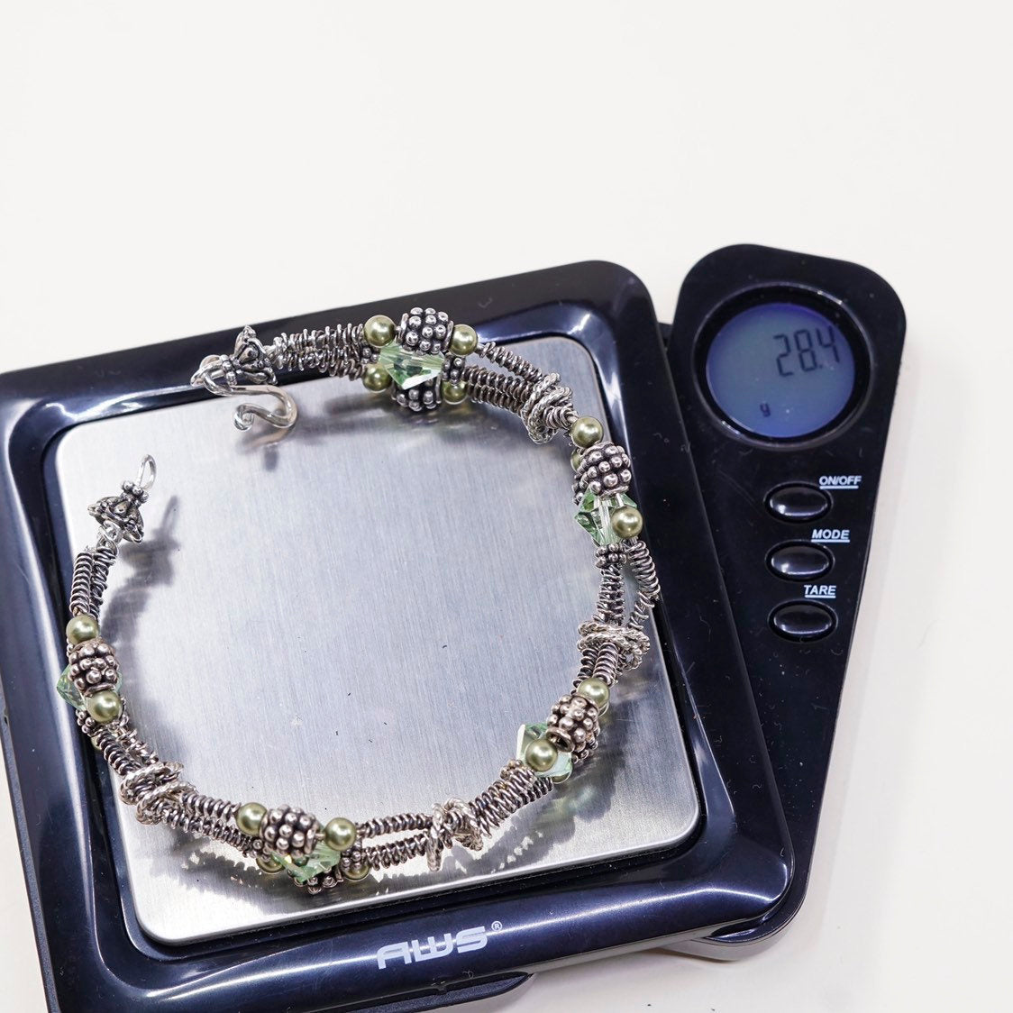 7", VTG sterling silver handmade bracelet, 925 bangle w/ beads N crystal