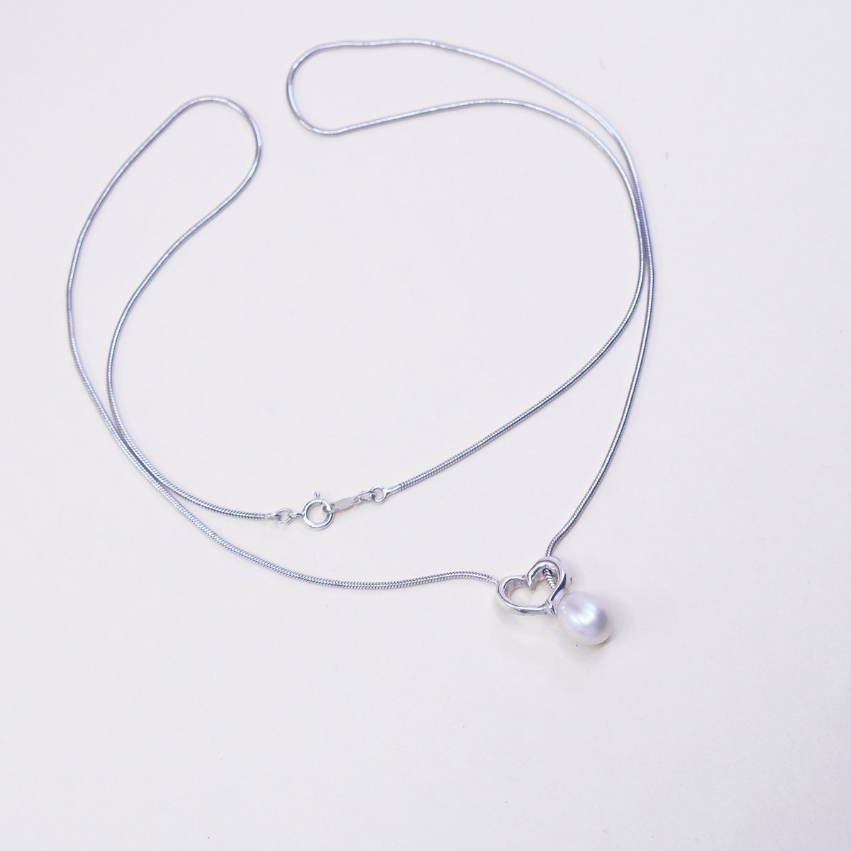 21”, sterling 925 silver necklace, white pearl heart pendant snake silver chain