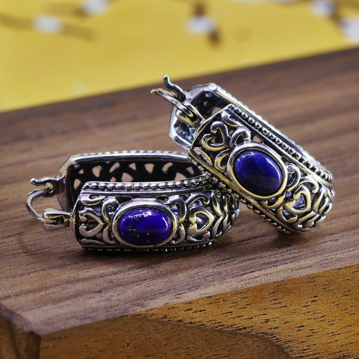 1”, Sterling silver handmade earrings, 925 huggie, filigree hoops lapis lazuli