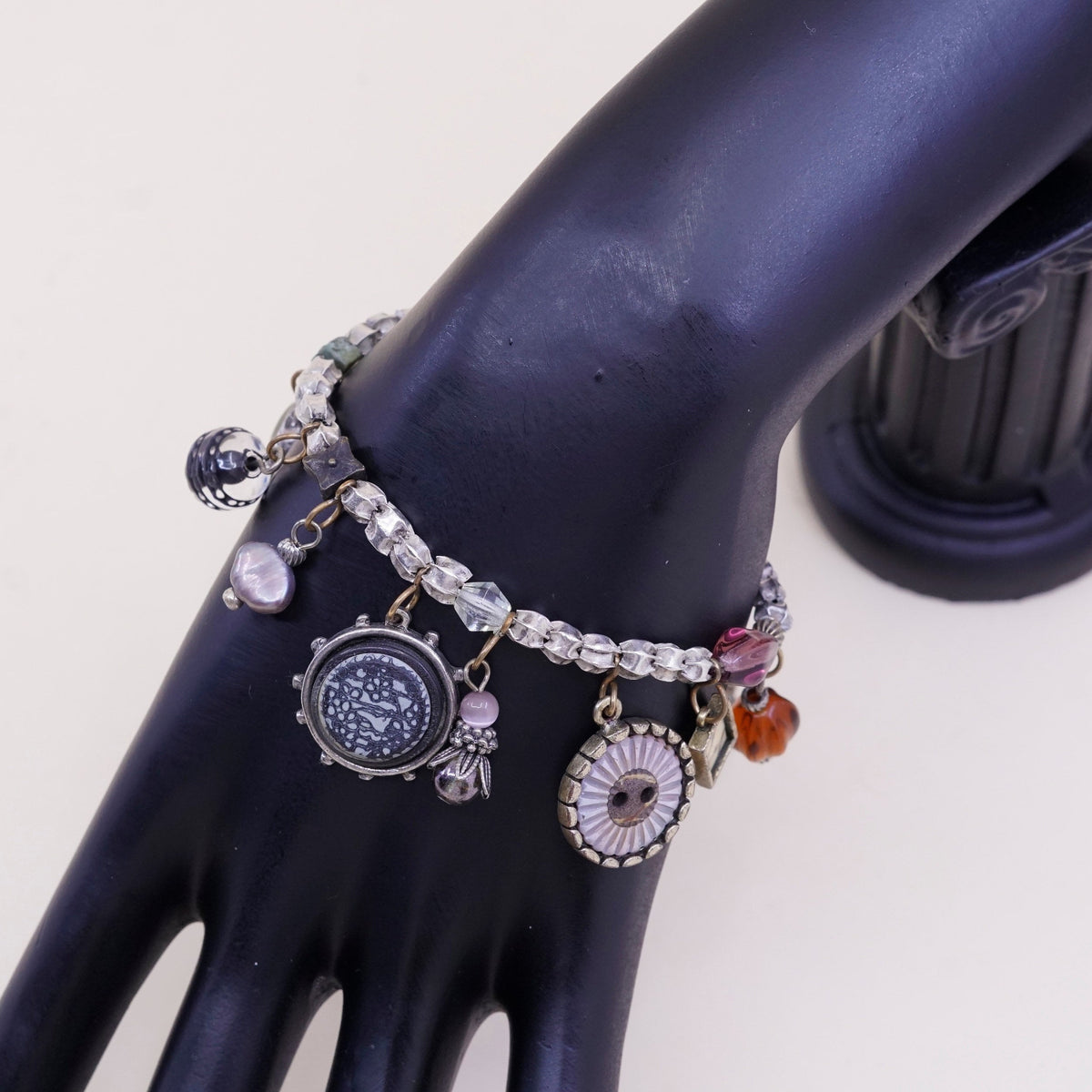 6.5+2”, vtg sterling 925 silver bead handmade bracelet w/ amber brass charms