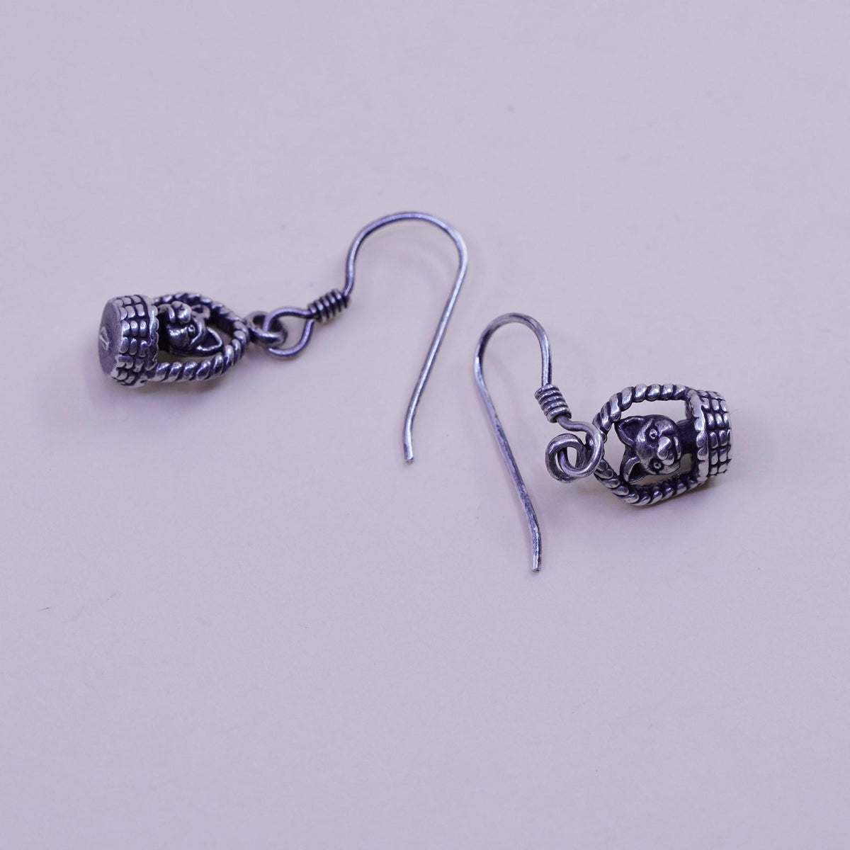 Vintage sterling silver handmade earrings, 925 dog puppy in basket dangles