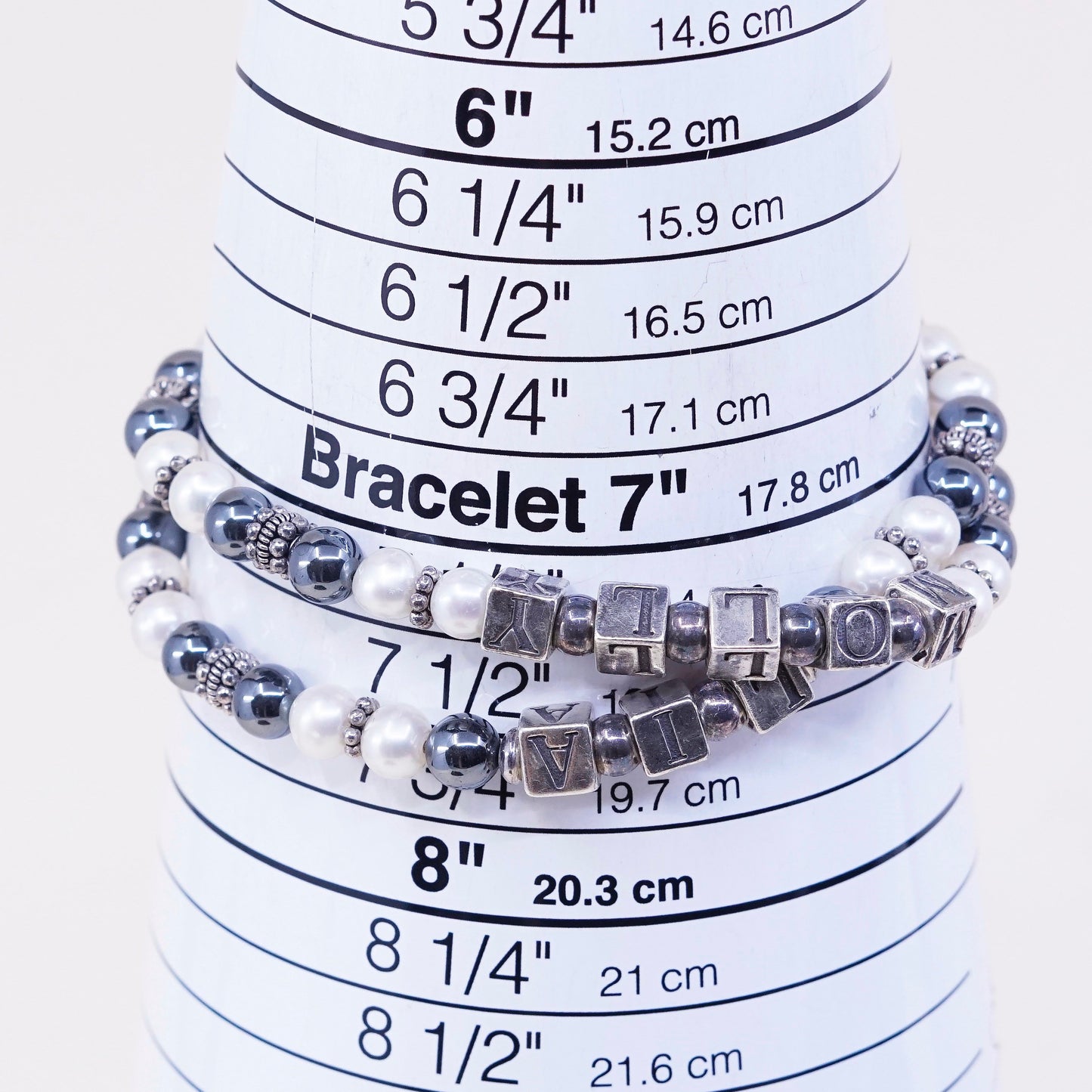 7.5”, MB sterling 926 silver bracelet, monogram hematite pearl chain “molly Lia