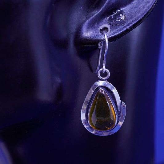 Vintage sterling 925 silver handmade earrings with teardrop amber