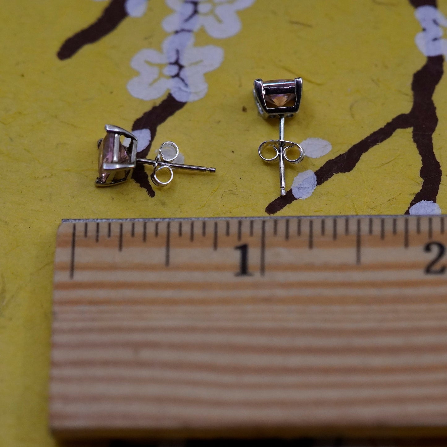 Vintage Sterling silver handmade earrings, 925 square studs with pink cz