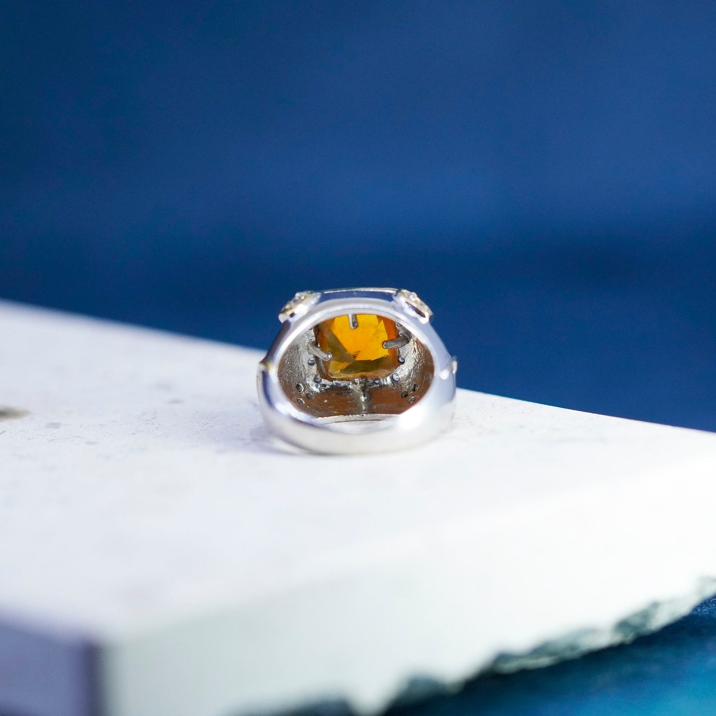 Size 7 vintage two tone Sterling 925 silver statement ring citrine white topaz