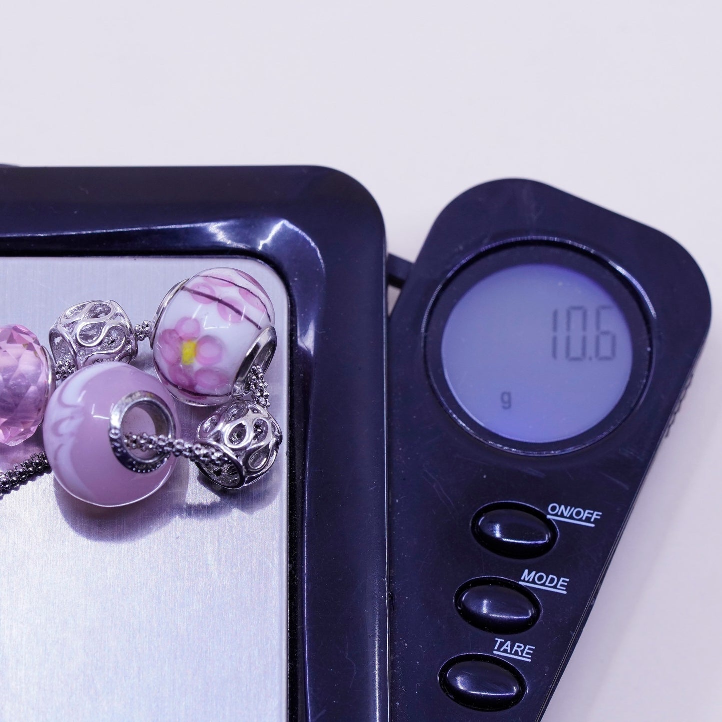 6.75”, 925 Sterling silver popcorn chain bracelet w/ artisan flora glass beads