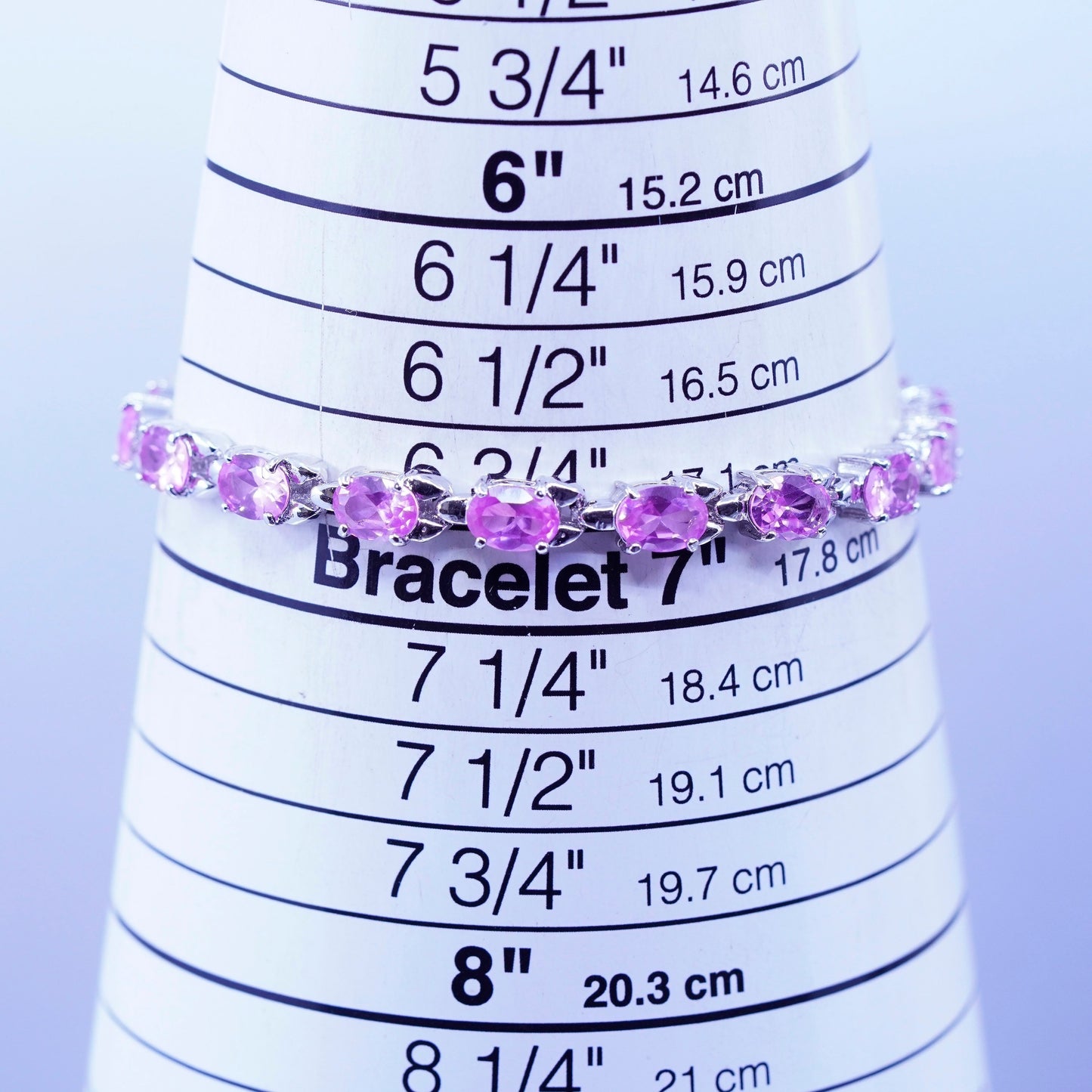 7”, Vintage Sterling 925 silver tennis bracelet chain with pink crystal