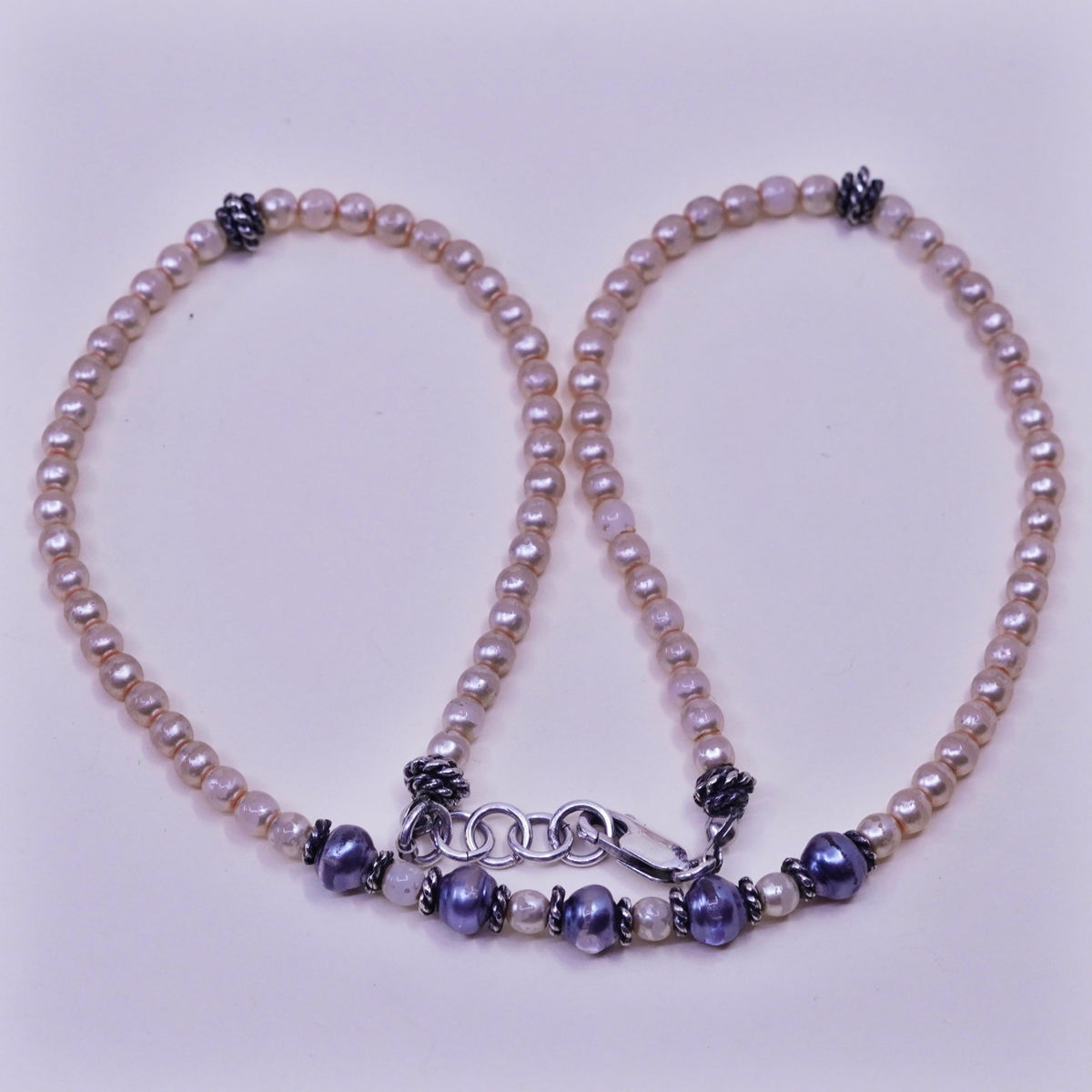 16”, Vintage faux pearl beads necklace chain with sterling 925 silver clasp
