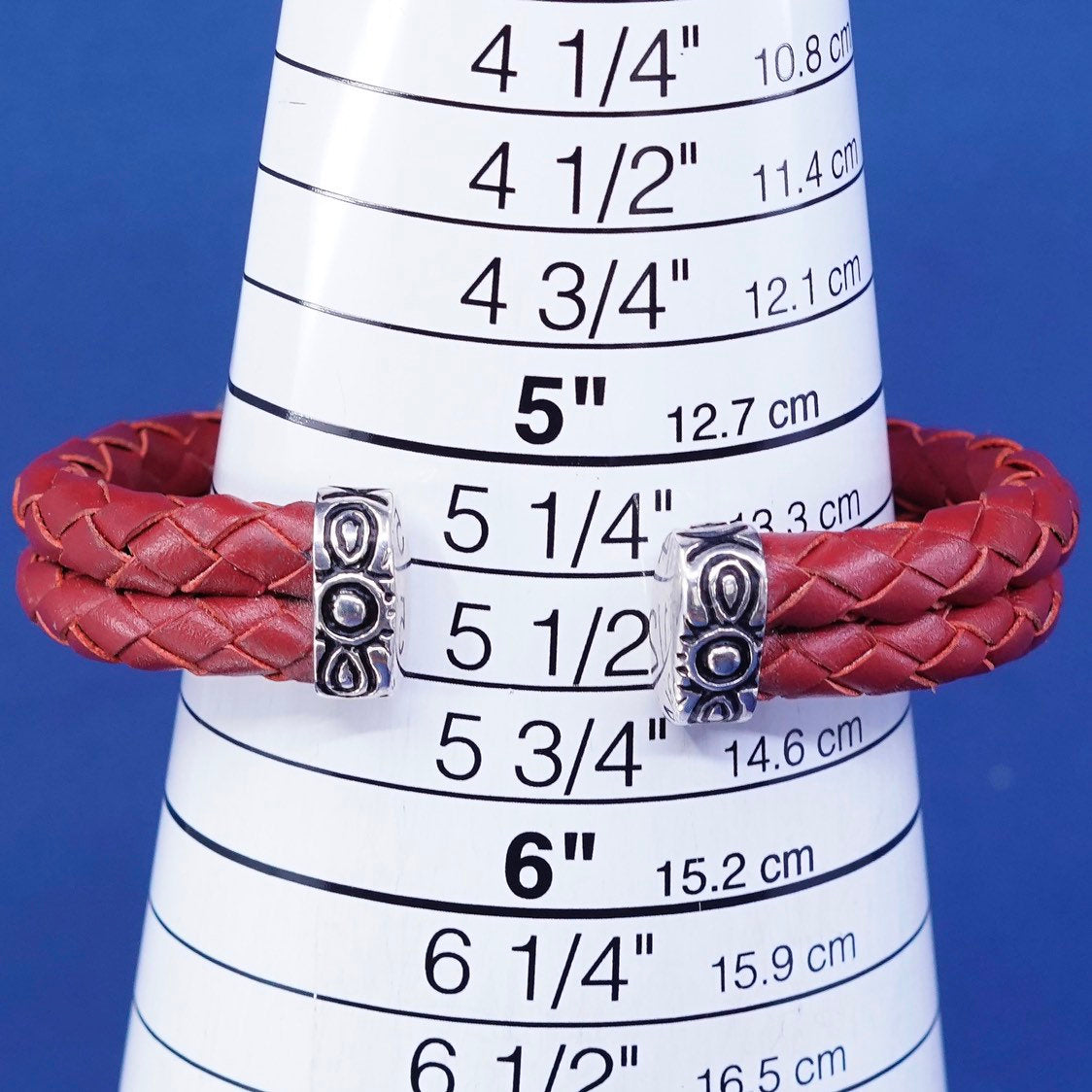5.5", Sterling silver handmade bracelet, 925 cuff braided red leather wrapped