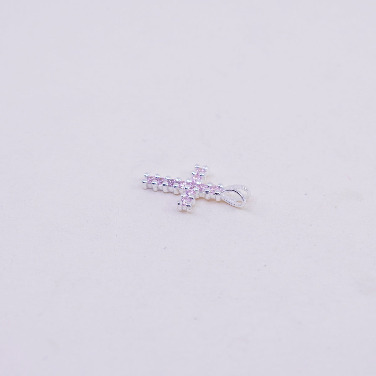 Vintage sterling silver pendant, 925 cross handmade charm with pink cz