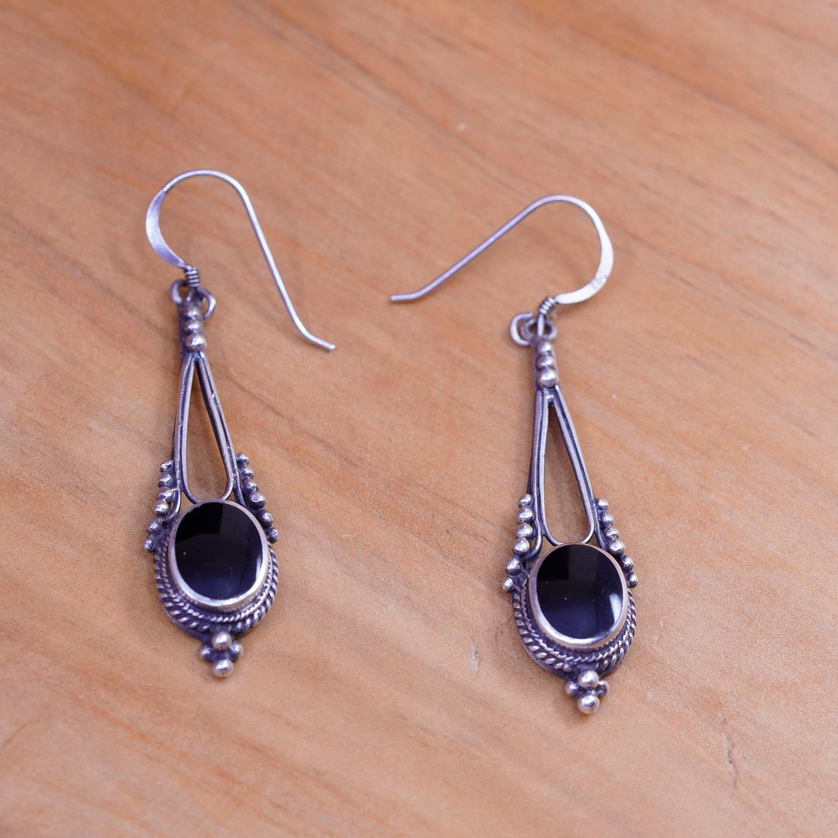 Vintage Sterling silver handmade earrings, Mexico 925 beads with oval obsidian