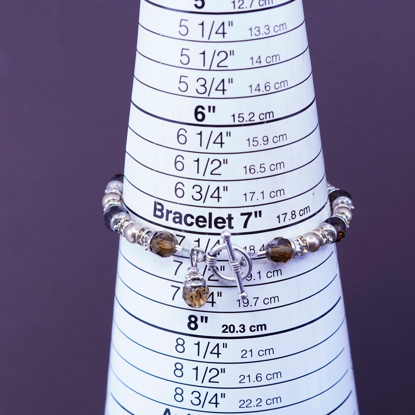 7.25”, Sterling 925 silver beads bracelet with smoky topaz and pearl and Cz