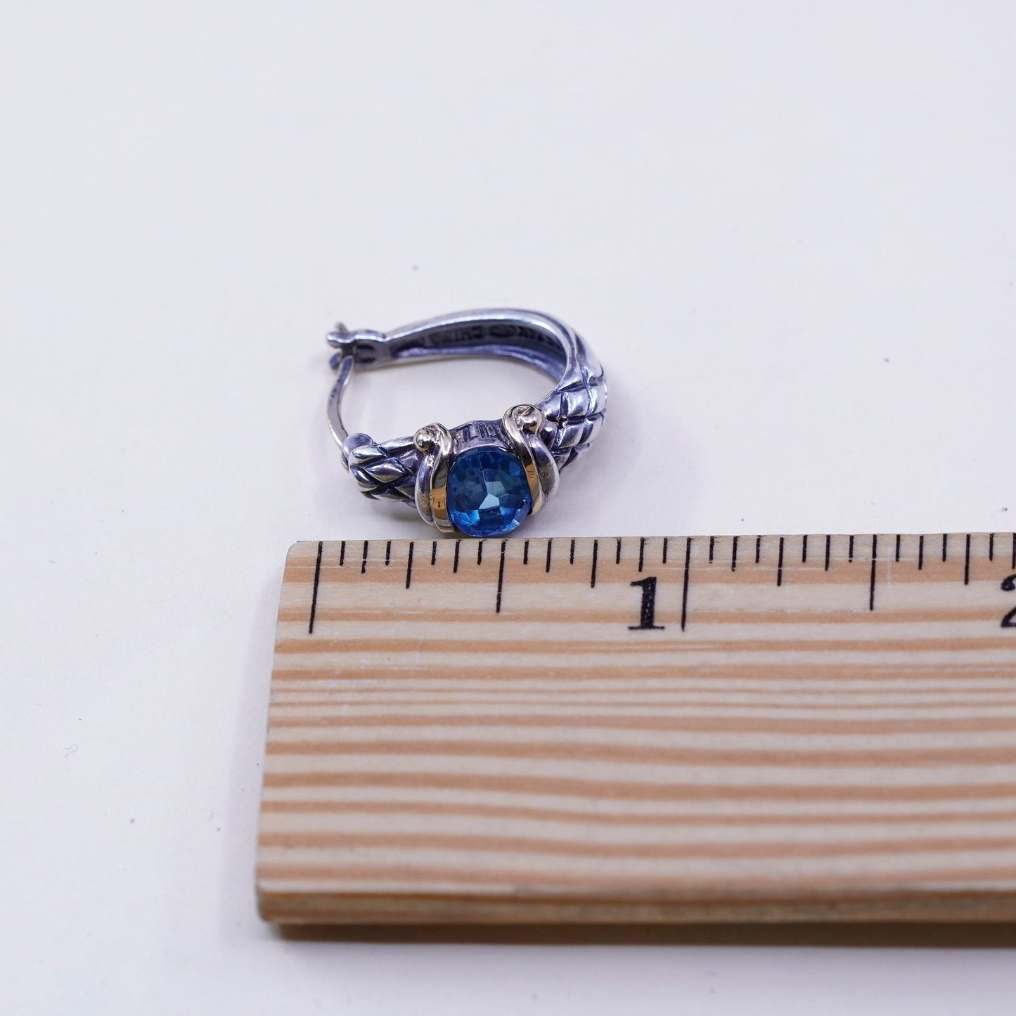 0.75”, sterling silver earrings with 14K gold accent, waffle textured 925 hoops