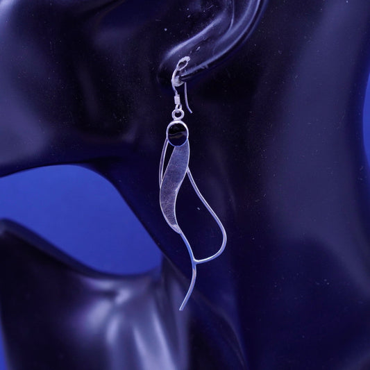 Vintage sterling 925 silver handmade long wavy earrings with oval obsidian