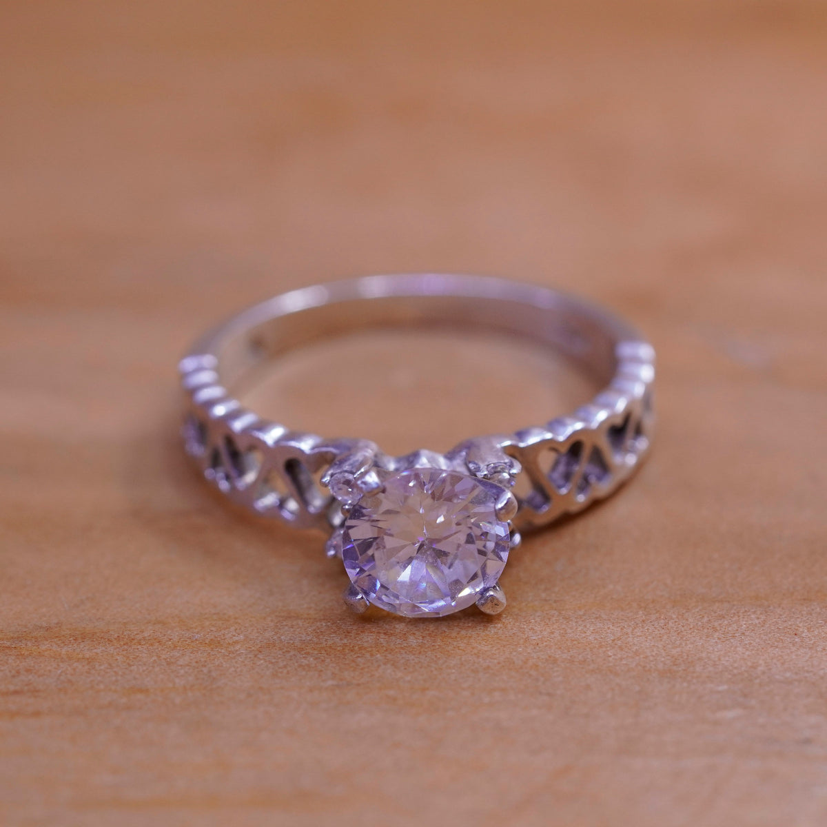Size 7.25, vintage Sterling silver handmade ring, 925 engagement heart band cz
