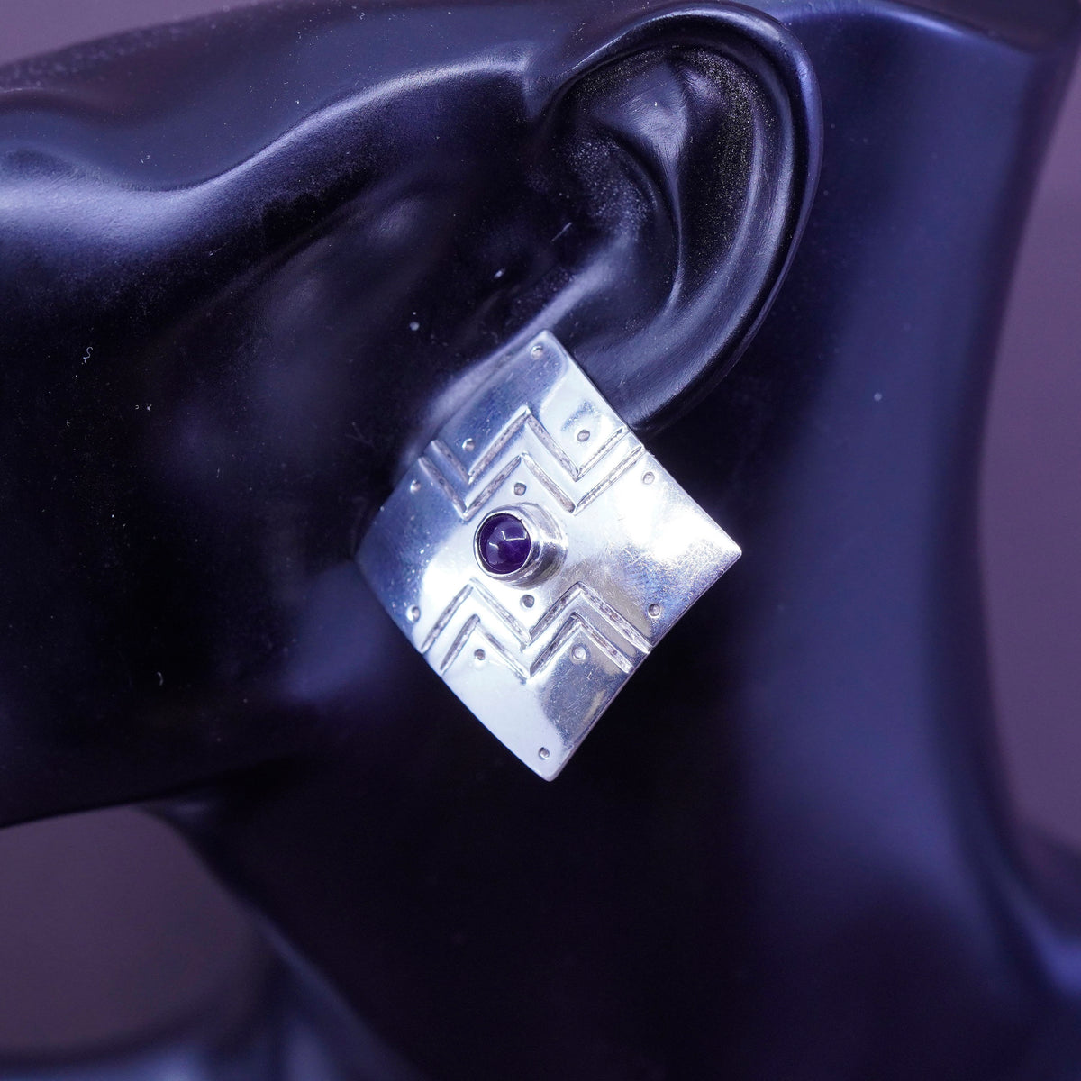mexico Sterling silver handmade earrings, modern 925 square clip on w/ amethyst
