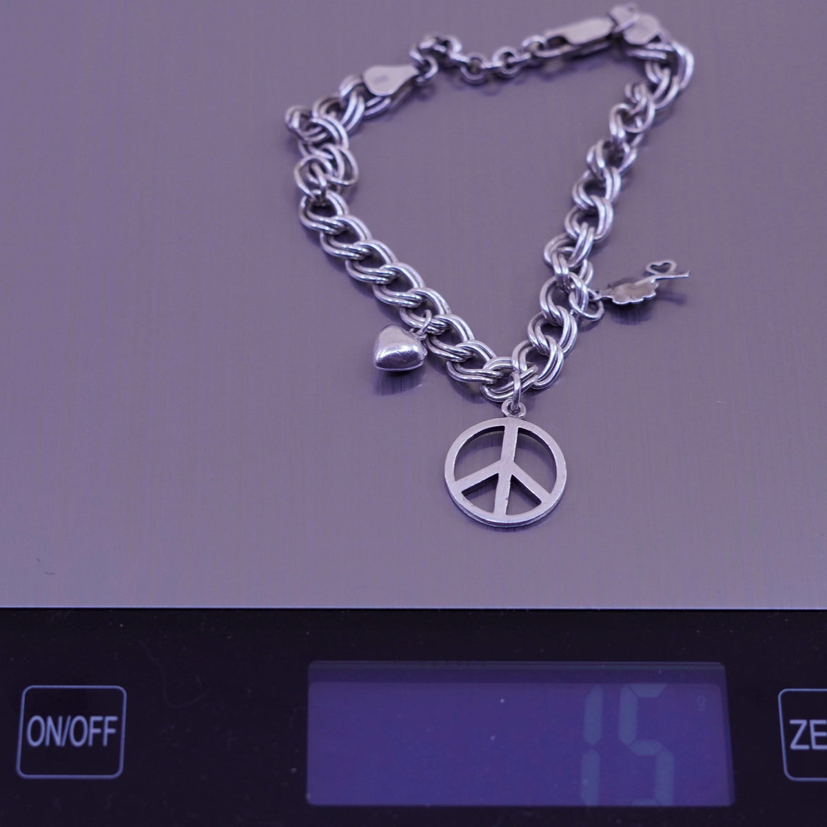 7+1”, sterling 925 silver double curb bracelet CND peace heart flower charms