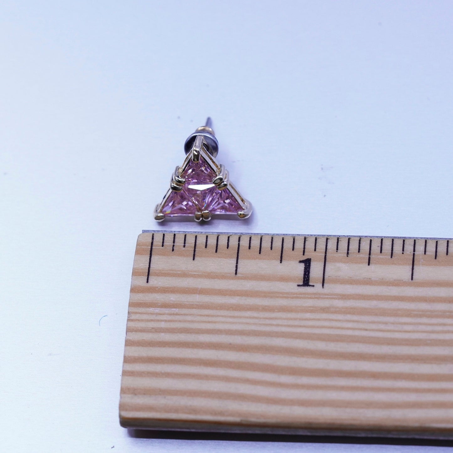 vermeil gold filled Sterling 925 silver triangular earrings, studs w/ pink Cz