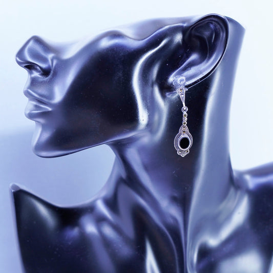 Vintage Sterling 925 silver handmade earrings with obsidian and marcasite