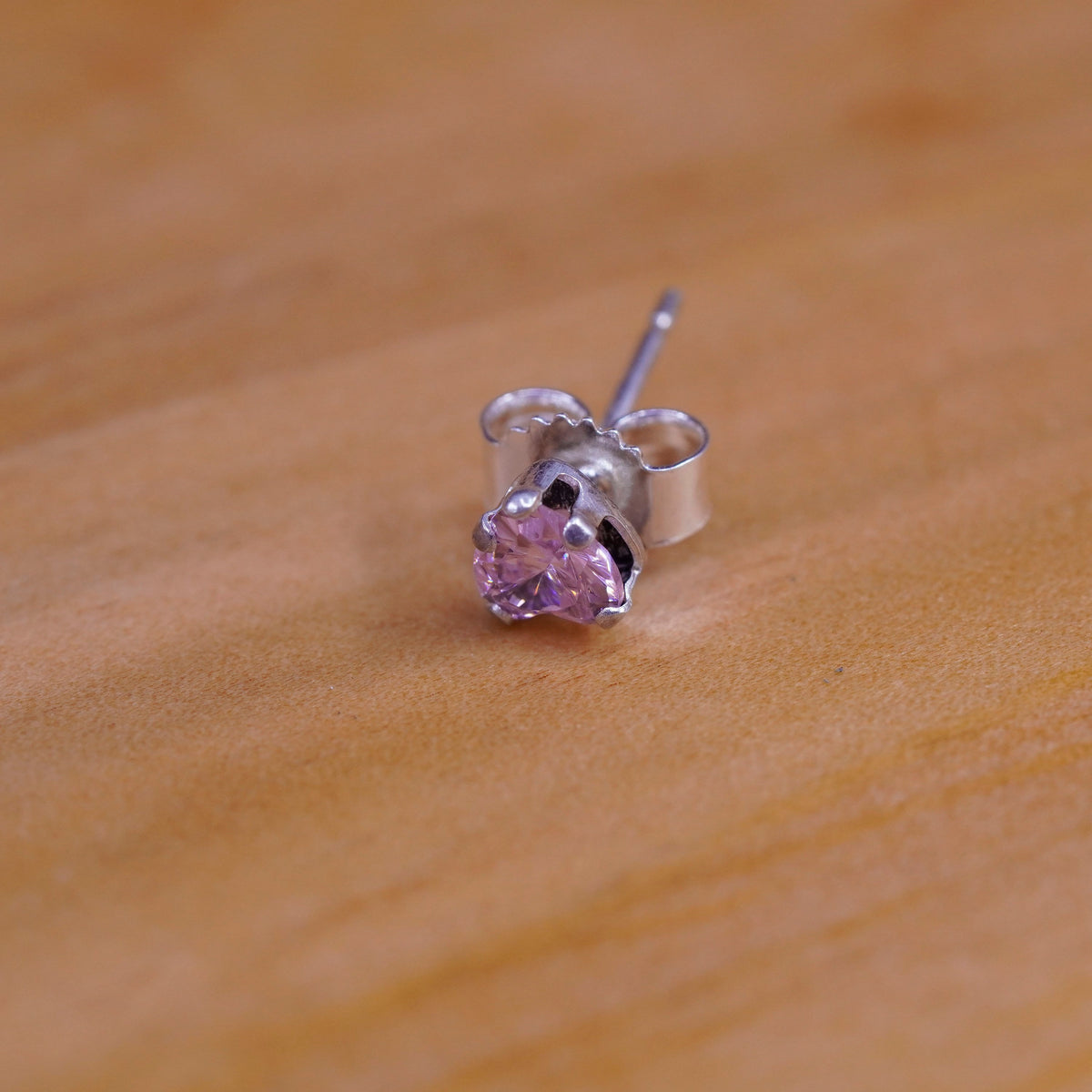 Vintage Sterling silver handmade earrings, 925 heart studs with pink cz