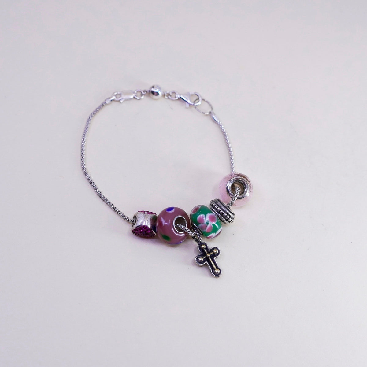 8”, 925 Sterling silver popcorn bracelet artisan floral glass beads cross charm