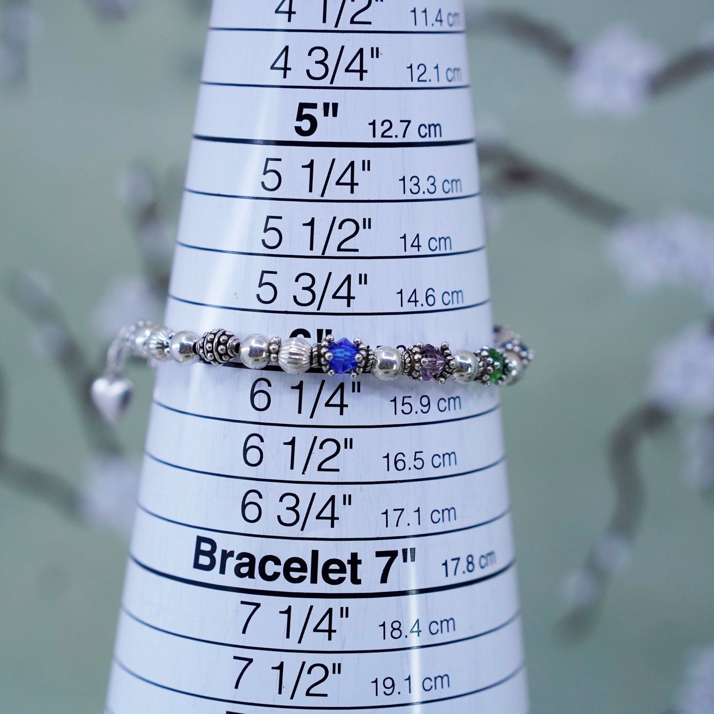 6”, Vintage Sterling 925 silver handmade beads bracelet with crystals flower
