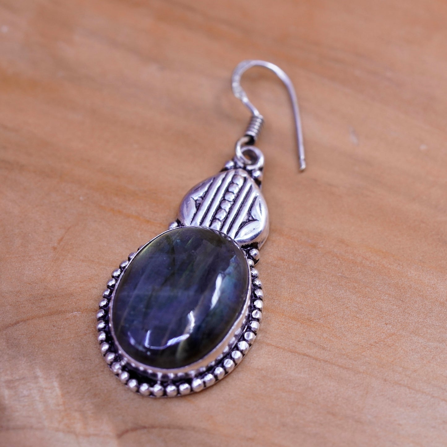 Vintage Sterling 925 silver handmade earrings with oval labradorite and beads