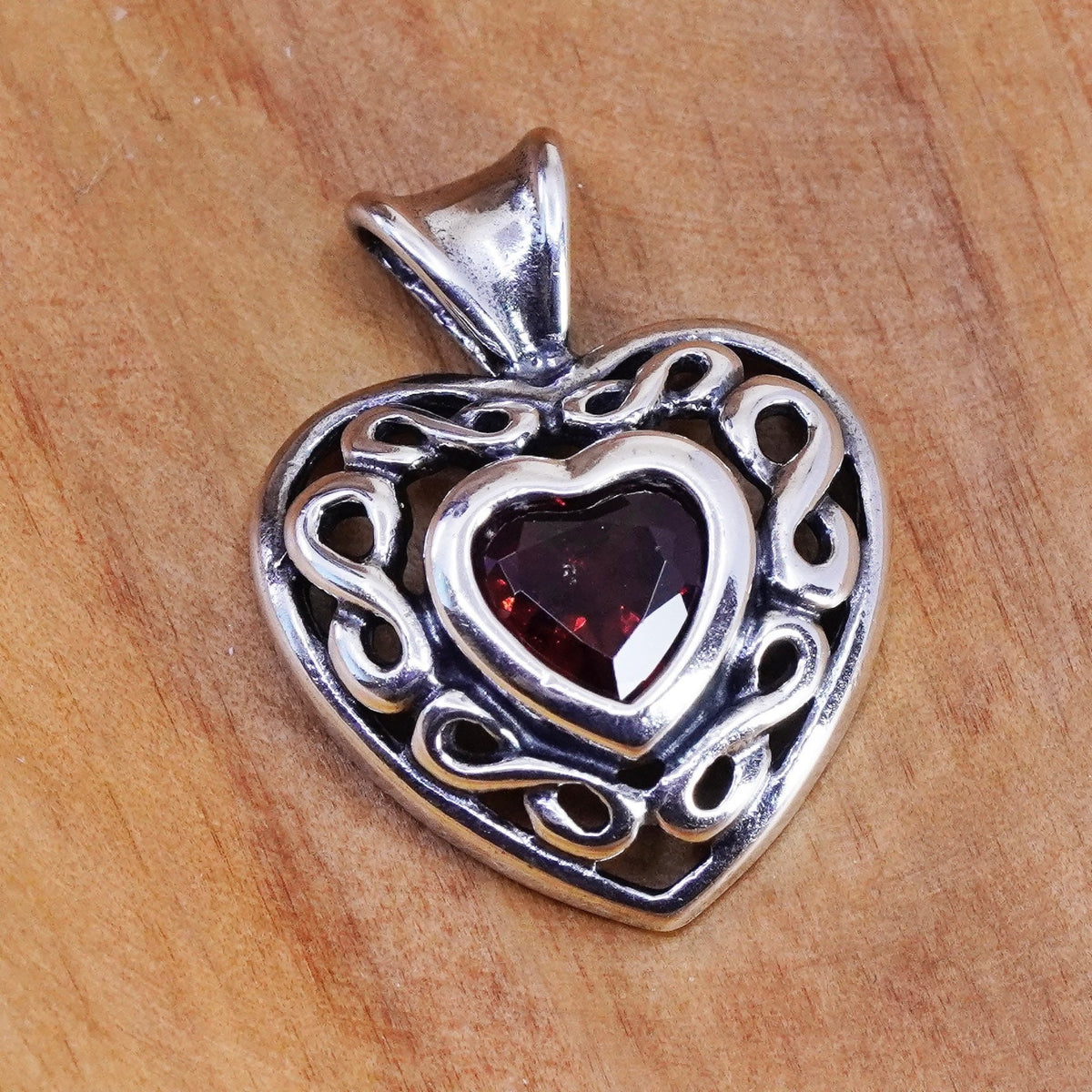 Vintage Sterling silver handmade pendant, 925 filigree heart with ruby