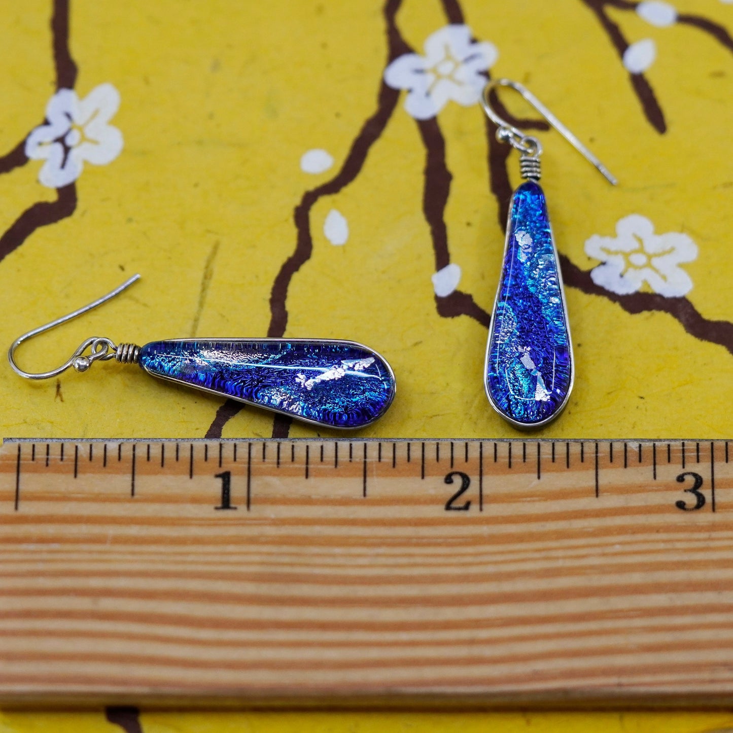 Vintage Sterling silver handmade earrings, 925 blue teardrop foiled glass