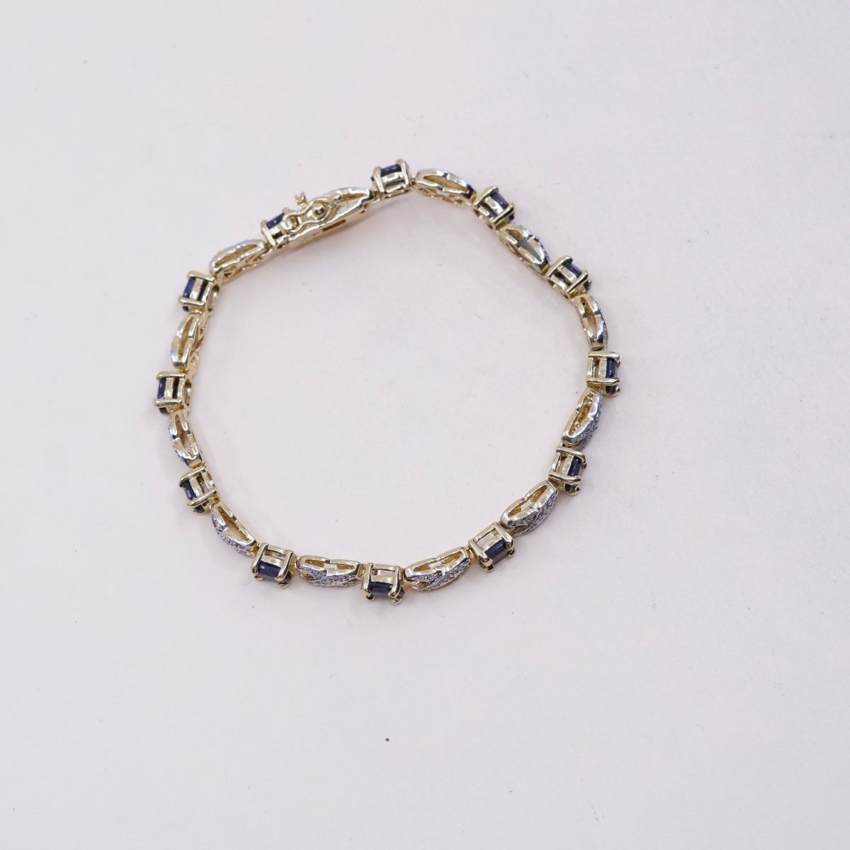7”, Vermeil gold over sterling 925 silver tennis bracelet w/ sapphire N diamond