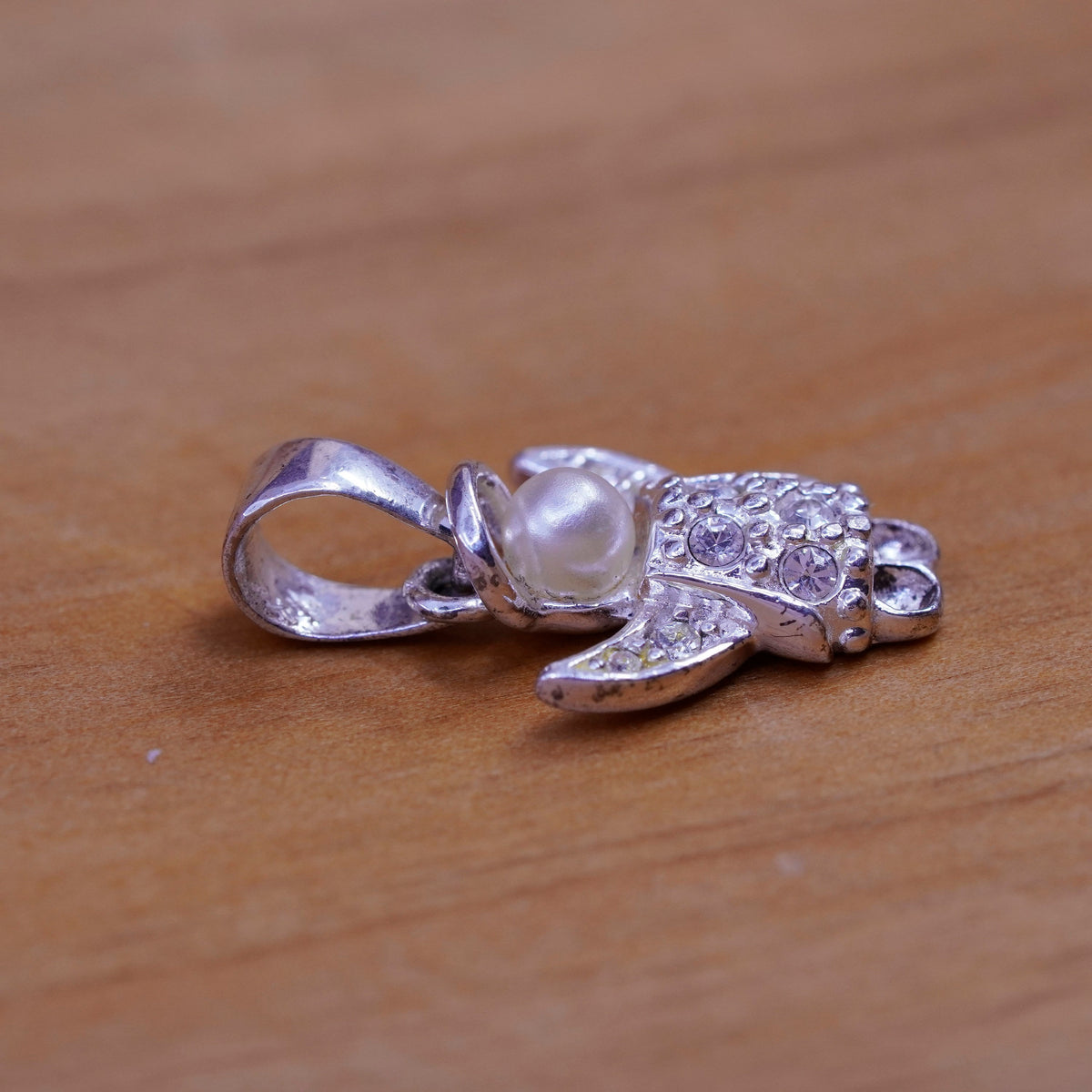 Vintage Sterling silver handmade pendant, 925 angel charm with crystal