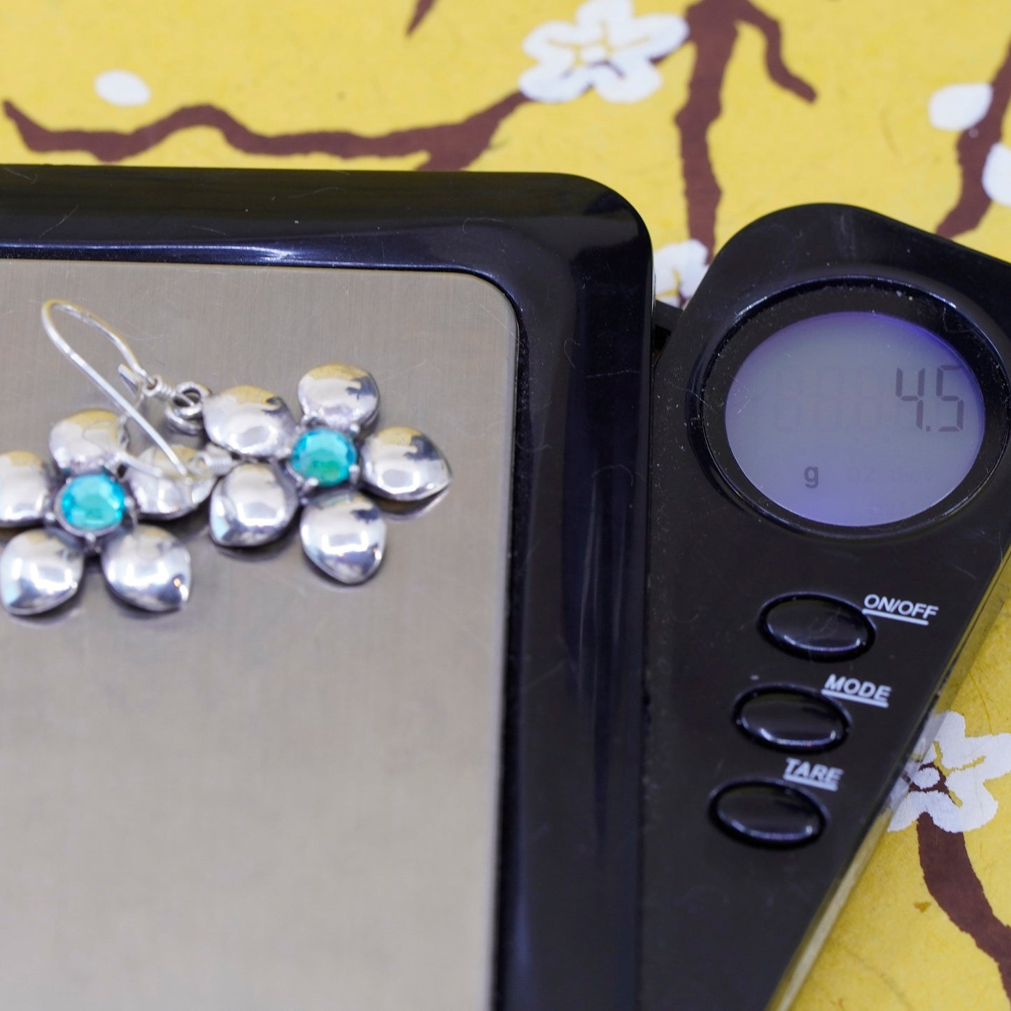 Vintage Sterling silver handmade earrings, 925 plumeria flower blue crystal