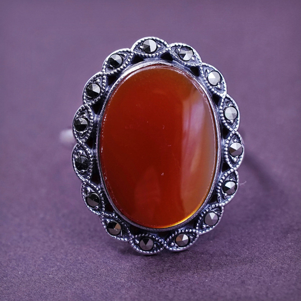 Size 9, vtg Sterling silver handmade flower ring with carnelian and Marcasite