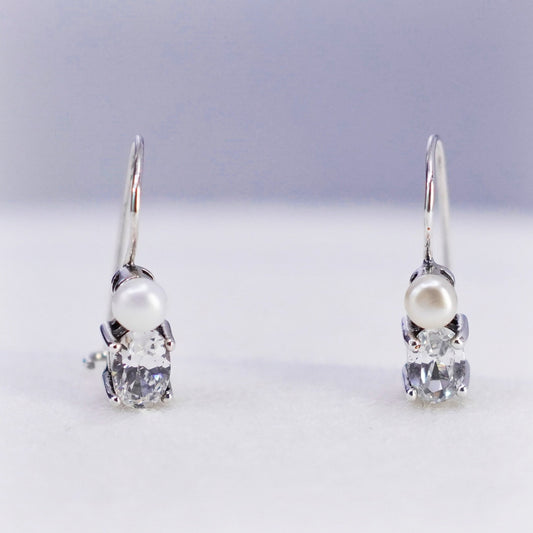 Vintage Sterling 925 silver earrings, dangle with pearl and Cz