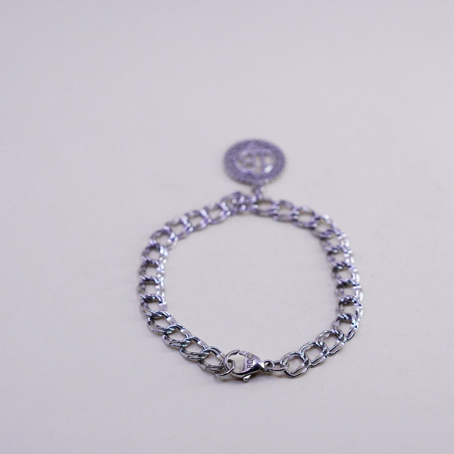 6.75”, 8mm, Vintage sterling silver double curb bracelet, 925 chain w/ 18 charm
