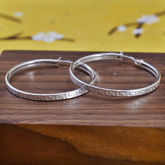 1.5”, Sterling silver handmade hoop earrings, mexico 925 Greek key huggie