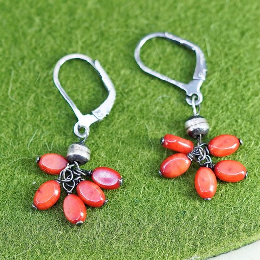 Vintage Sterling 925 silver handmade earrings with cluster coral beads